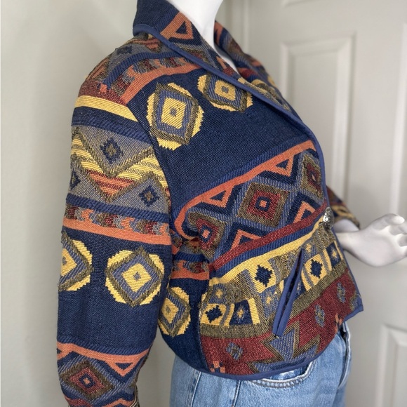 New Identity Blue and Red Geometric Blazer with Open Front Western Style. - Picture 3 of 14